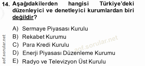 14. soru: Aşağıdakilerden hangisi Türkiye'deki düzenleyici ve denetleyici kurumlardan biri değildir? A) Sermaye Piyasası Kurulu…