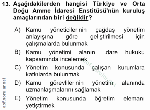 13. soru: Aşağıdakilerden hangisi Türkiye ve Orta Doğu Amme İdaresi Enstitüsü'nün kuruluş amaçlarından biri değildir? A) Kamu y…
