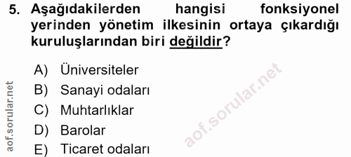 5. soru: Aşağıdakilerden hangisi fonksiyonel yerinden yönetim ilkesinin ortaya çıkardığı kuruluşlarından biri değildir? A) Uni…