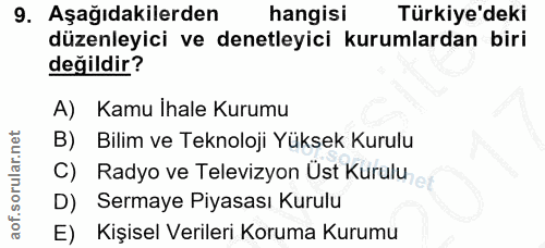 9. soru: Aşağıdakilerden hangisi Türkiye'deki düzenleyici ve denetleyici kurumlardan biri değildir? A) Kamu İhale Kurumu B) Bi…