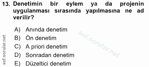 13. soru: Denetimin bir eylem ya da projenin uygulanması sırasında yapılmasına ne ad verilir? A) Anında denetim B) Ön denetim C…