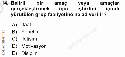14. soru: Belirli bir amaç veya amaçları gerçekleştirmek için işbirliği içinde yürütülen grup faaliyetine ne ad verilir? A) Ita…