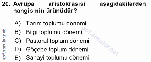 20. soru: Avrupa aristokrasisi aşağıdakilerden hangisinin ürünüdür? A) Tarım toplumu dönemi B) Bilgi toplumu dönemi C) Pastoral…