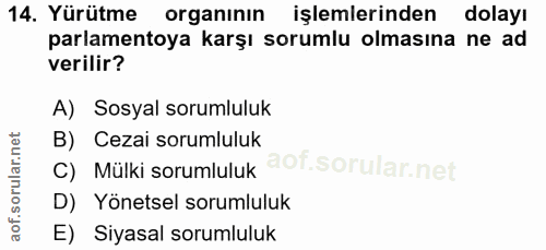 14. soru: Yürütme organının işlemlerinden dolayı parlamentoya karşı sorumlu olmasına ne ad verilir? A) Sosyal sorumluluk B) Cez…