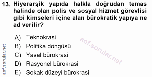 13. soru: Hiyerarşik yapıda halkla doğrudan temas halinde olan polis ve sosyal hizmet görevlisi gibi kimseleri içine alan bürok…