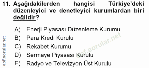 11. soru: Aşağıdakilerden hangisi Türkiye'deki düzenleyici ve denetleyici kurumlardan biri değildir? A) Enerji Piyasası Düzenle…