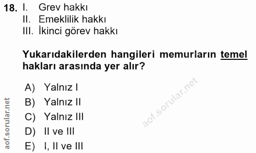 18. soru: 1. Grev hakkı II. Emeklilik hakkı IlI. Ikinci görev hakkı Yukarıdakilerden hangileri memurların temel hakları arasınd…