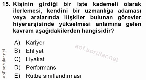 15. soru: Kişinin girdiği bir işte kademeli olarak ilerlemesi, kendini bir uzmanlığa adaması veya aralarında ilişkiler bulunan…