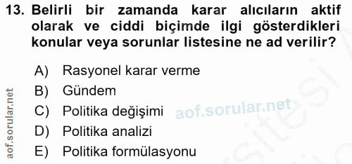 13. soru: Belirli bir zamanda karar alıcıların aktif olarak ve ciddi biçimde ilgi gösterdikleri konular veya sorunlar listesine…