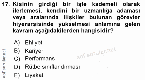 17. soru: Kişinin girdiği bir işte kademeli olarak ilerlemesi, kendini bir uzmanlığa adaması veya aralarında ilişkiler bulunan…