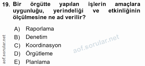 19. soru: Bir örgütte yapılan işlerin amaçlara uygunluğu, yerindeliği ve etkinliğinin ölçülmesine ne ad verilir? A) Raporlama B…