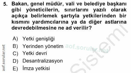 5. soru: Bakan, genel müdür, vali ve belediye başkanı gibi yöneticilerin, sınırlarını yazılı olarak açıkça belirlemek şartıyla…