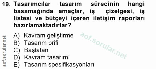19. soru: Tasarımcılar tasarım sürecinin hangi basamağında amaçlar, is çizelgesi, iş listesi ve bütçeyi içeren iletişim raporla…