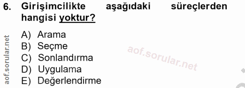 6. soru: Girişimcilikte aşağıdaki süreçlerden hangisi yoktur? A) Arama rular.net B) Seçme C) Sonlandırma aof.so D) Uygulama E)…