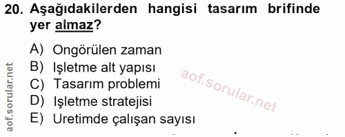 20. soru: Aşağıdakilerden hangisi tasarım brifinde yer almaz? A) Ongörülen zaman B) Işletme alt yapısı C) Tasarım problemi D) I…