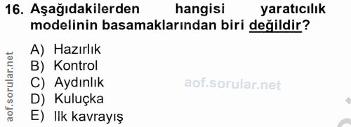 16. soru: Aşağıdakilerden hangisi yaratıcılık modelinin basamaklarından biri değildir? A) Hazırlık rular.net B) Kontrol C) Aydı…