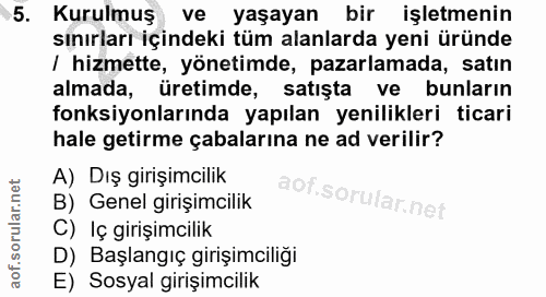 5. soru: Kurulmuş ve yaşayan bir işletmenin sınırları içindeki tüm alanlarda yeni üründe / hizmette, yönetimde, pazarlamada, s…