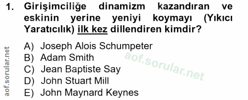 1. soru: Girişimciliğe dinamizm kazandıran ve eskinin yerine yeniyi koymayı (Yıkıcı Yaratıcılık) ilk kez dillendiren kimdir? A…