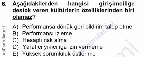 6. soru: Aşağıdakilerden hangisi girişimciliğe destek veren kültürlerin özelliklerinden biri olamaz? A) Performansa dönük geri…