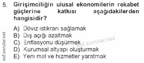 5. soru: Girişimciliğin ulusal ekonomilerin rekabet güçlerine katkısı aşağıdakilerden hangisidir? A) Döviz istikrarı sağlamak…