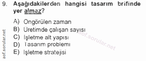 9. soru: Aşağıdakilerden hangisi tasarım brifinde yer almaz? A) Ongörülen zaman B) Uretimde çalışan sayısı C) Işletme alt yapı…
