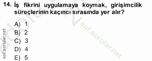 14. soru: İş fikrini uygulamaya koymak, girişimcilik süreçlerinin kaçıncı sırasında yer alır? A) 1 B) 2 C) 3 D) 4 E) 5