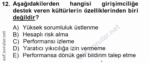 12. soru: Aşağıdakilerden hangisi girişimciliğe destek veren kültürlerin özelliklerinden biri değildir? A) Yüksek sorumluluk üs…