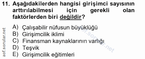 11. soru: Aşağıdakilerden hangisi girişimci sayısının arttırılabilmesi için gerekli olan faktörlerden biri değildir? A) Çalışab…