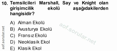 10. soru: Temsilcileri Marshall, Say ve Knight olan girişimcilik ekolü aşağıdakilerden hangisidir? A) Alman Ekolü B) Avusturya…