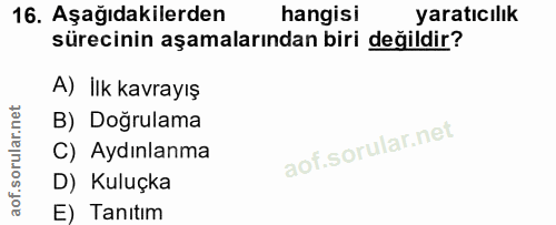 16. soru: Aşağıdakilerden hangisi yaratıcılık sürecinin aşamalarından biri değildir? A) İlk kavrayış B) Doğrulama C) Aydınlanma…