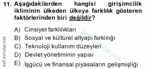 11. soru: Aşağıdakilerden hangisi girişimcilik ikliminin ülkeden ülkeye farklılık gösteren faktörlerinden biri değildir? A) Cin…