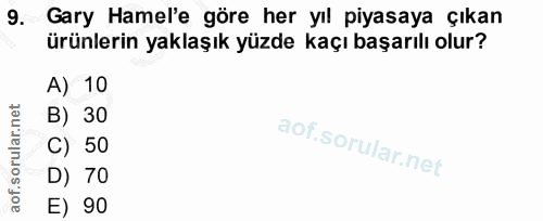 9. soru: Gary Hamel'e göre her yıl piyasaya çıkan ürünlerin yaklaşık yüzde kaçı başarılı olur? A) 10 B) 30 C) 50 D) 70 E) 90