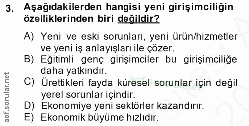 3. soru: Aşağıdakilerden hangisi yeni girişimciliğin özelliklerinden biri değildir? A) Yeni ve eski sorunları, yeni ürün/hizme…