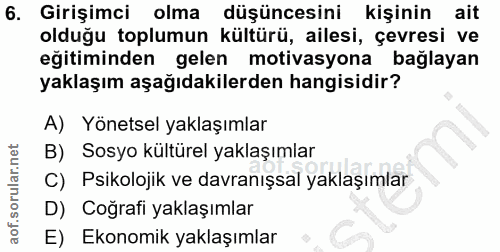 6. soru: Girişimci olma düşüncesini kişinin ait olduğu toplumun kültürü, ailesi, çevresi ve eğitiminden gelen motivasyona bagl…