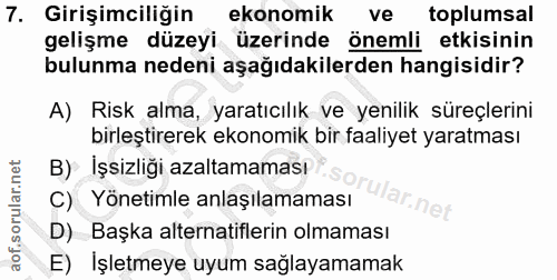 7. soru: Girişimciliğin ekonomik ve toplumsal gelişme düzeyi üzerinde önemli etkisinin bulunma nedeni aşağıdakilerden hangisid…