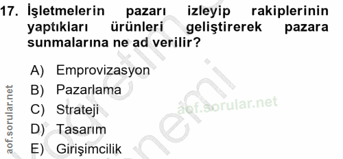 17. soru: İşletmelerin pazarı izleyip rakiplerinin yaptıkları ürünleri geliştirerek pazara sunmalarına ne ad verilir? A) Emprov…