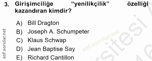 3. soru: Girişimciliğe "yenilikçilik" özelliği kazandıran kimdir? A) Bill Dragton B) Joseph A. Schumpeter C) Klaus Schwap D) J…