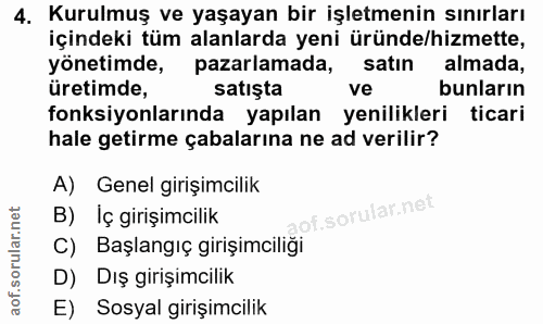 4. soru: Kurulmuş ve yaşayan bir işletmenin sınırları içindeki tüm alanlarda yeni üründe/hizmette, yönetimde, pazarlamada, sat…