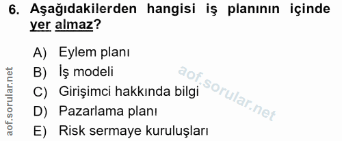 6. soru: Aşağıdakilerden hangisi iş planının içinde yer almaz? A) Eylem planı B) Iş modeli C) Girişimci hakkında bilgi D) Paza…