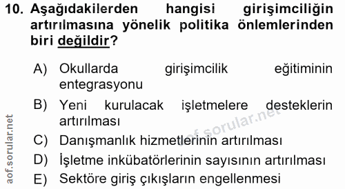 10. soru: Aşağıdakilerden hangisi girişimciliğin artırılmasına yönelik politika önlemlerinden biri değildir? A) Okullarda giriş…