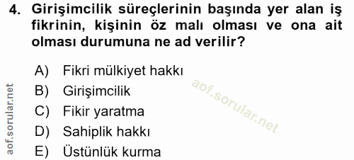 4. soru: Girişimcilik süreçlerinin başında yer alan iş fikrinin, kişinin öz malı olması ve ona ait olması durumuna ne ad veril…