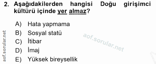 2. soru: Aşağıdakilerden hangisi Doğu girişimci kültürü içinde yer almaz? A) Hata yapmama B) Sosyal statü C) Itibar D) Imaj E)…