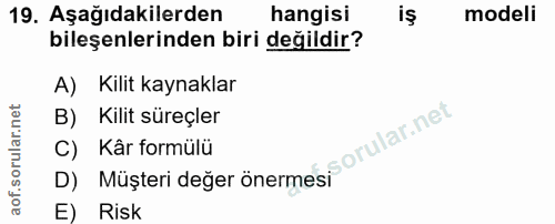 19. soru: Aşağıdakilerden hangisi modeli bileşenlerinden biri değildir? A) Kilit kaynaklar B) Kilit süreçler D) Müşteri değer ö…
