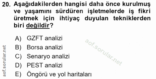 20. soru: Aşağıdakilerden hangisi daha önce kurulmuş ve yaşamını sürdüren işletmelerde iş fikri üretmek için ihtiyaç duyulan te…