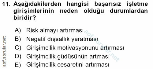 11. soru: Aşağıdakilerden hangisi başarısız işletme girişimlerinin neden olduğu durumlardan biridir? A) Risk almayı artırması a…