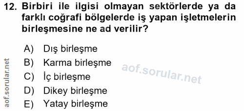 12. soru: Birbiri ile ilgisi olmayan sektörlerde ya da farklı coğrafi bölgelerde iş yapan işletmelerin birleşmesine ne ad veril…