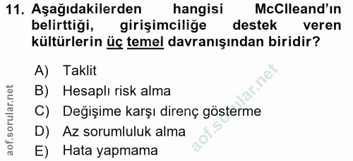 11. soru: Aşağıdakilerden hangisi McClleand'ın belirttiği, girişimciliğe destek veren kültürlerin üç temel davranışından biridi…