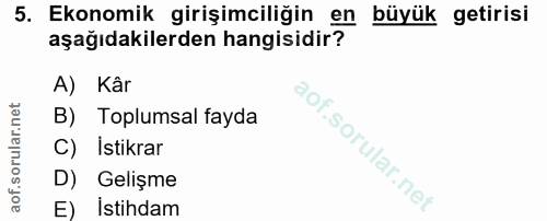 5. soru: Ekonomik girişimciliğin en büyük getirisi aşağıdakilerden hangisidir? A) Kâr B) Toplumsal fayda C) Istikrar D) Gelişm…