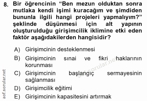 8. soru: Bir öğrencinin "Ben mezun olduktan sonra mutlaka kendi işimi kuracağım ve şimdiden bununla ilgili hangi projeleri yap…