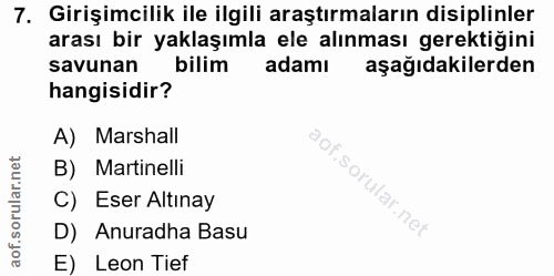 7. soru: Girişimcilik ile ilgili araştırmaların disiplinler arası bir yaklaşımla ele alınması gerektiğini savunan bilim adamı…